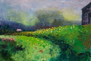Painting of a grassy field